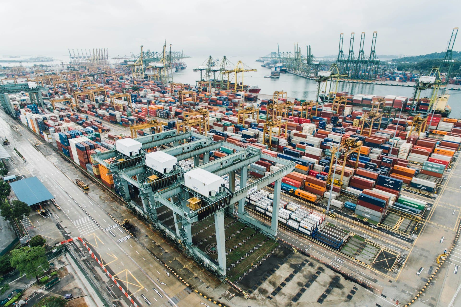 Aerial view of container port terminals